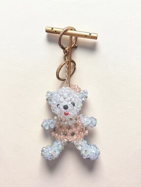 Beaded Teddy Bear Keychain - Pink and Iridescent
